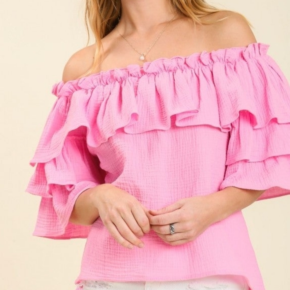 Umgee Bubblegum Pink Off-Shoulder Ruffle Blouse Top | Size M | Like New